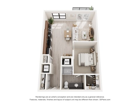 A 3D floor plan of a small apartment with a kitchen, living room, and bathroom.